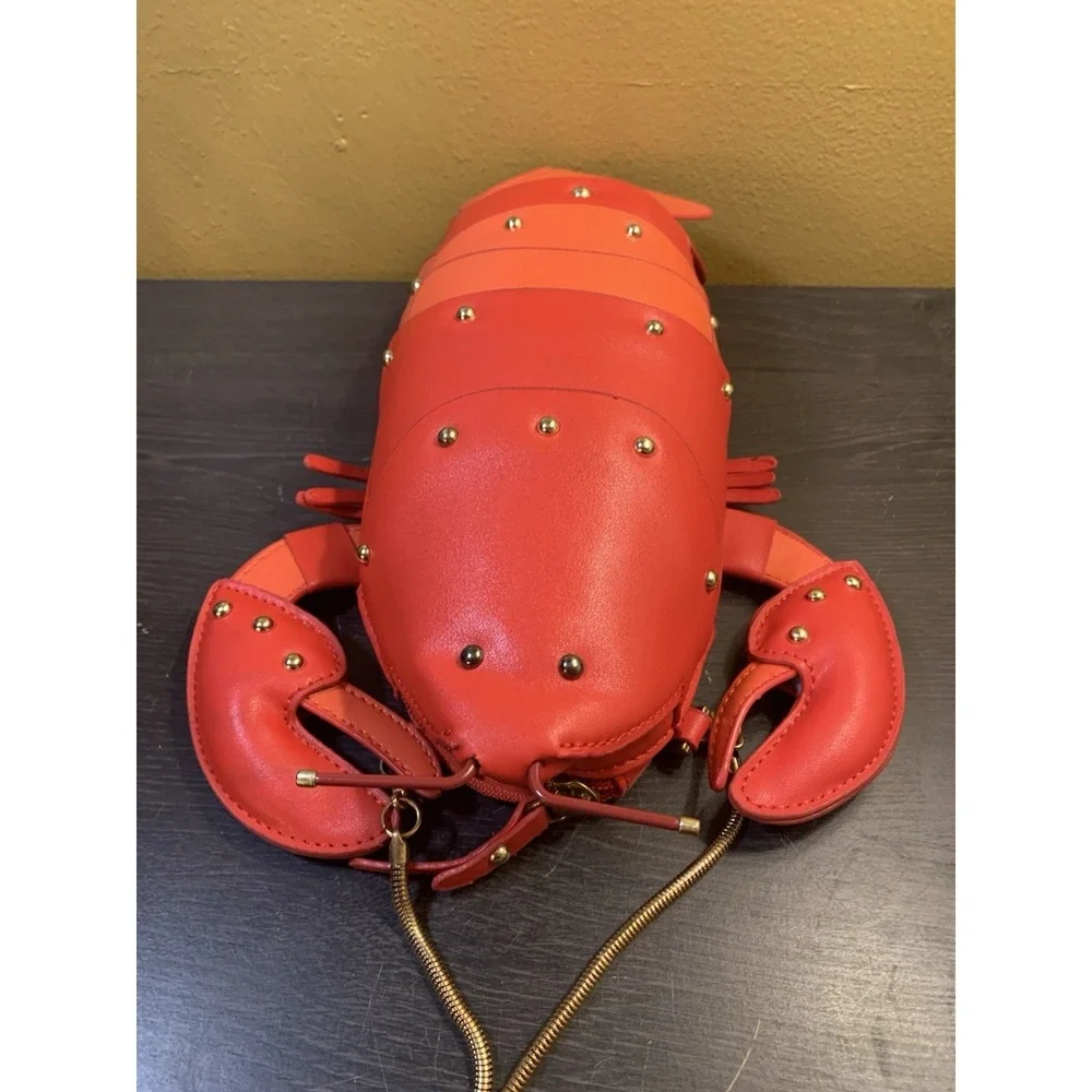 Red Novelty Lobster Shape Purse Crossbody Bag Faux Leather Gold Chain Strap